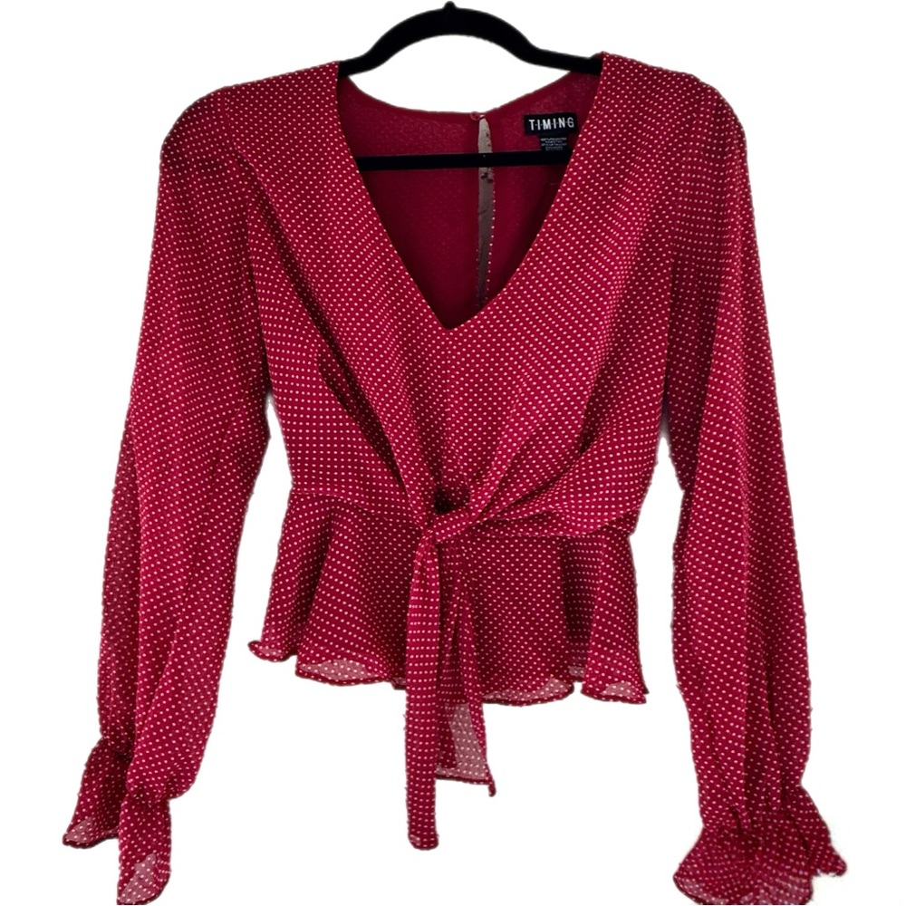 Timing Red and White Polka Dot V-Neck Blouse
